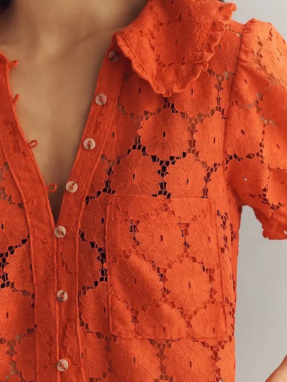 Pilcro Kierra Orange Eyelet Short-Sleeve Button-Front Top - Picture 3 of 5